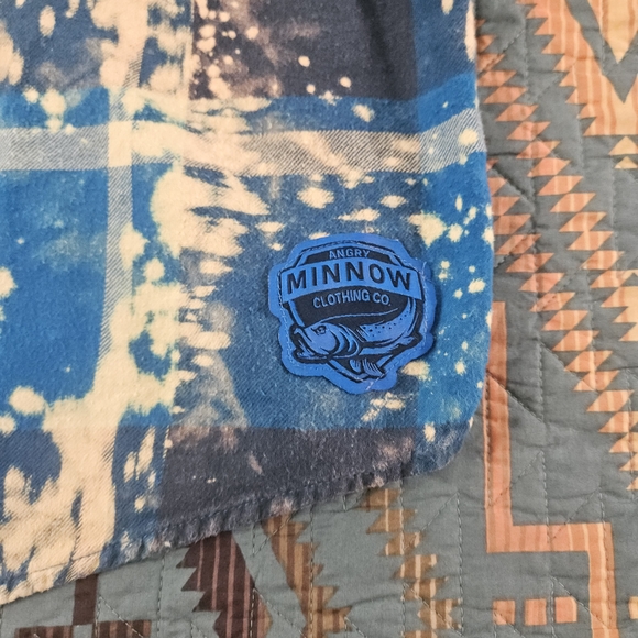 Men's Blue and White Angry Minnow Button Down Shirt - Picture 3 of 6